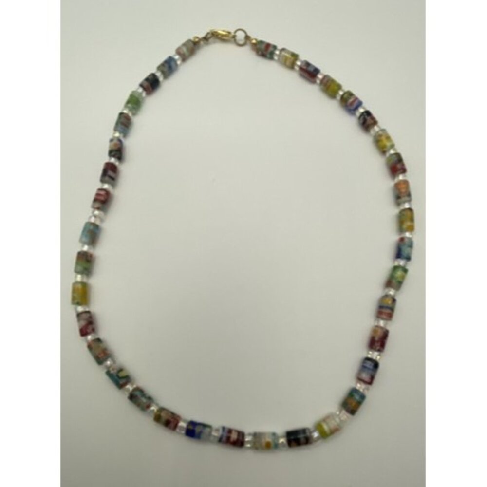 Unique Multicolor Necklace Venetian Millefiori 6mmx3mm Tube Bead 17" Gold Tone - Picture 9 of 11